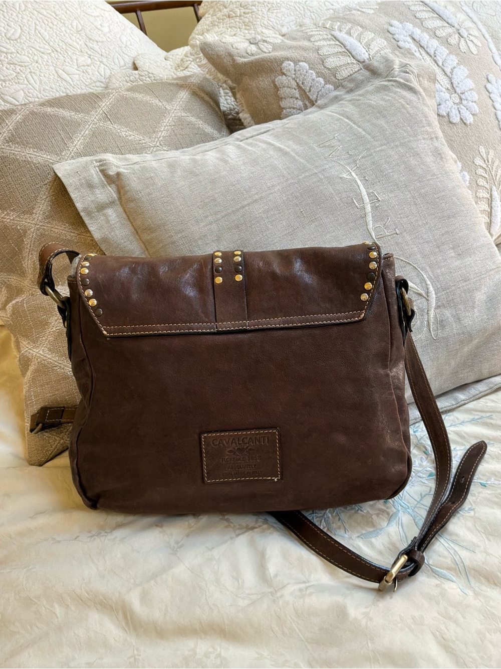 Brown Studded Leather Messenger Bag - Picture 3 of 10